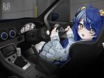  1girl ahoge amamiya_kokoro amamiya_kokoro_(1st_costume) bell black_ribbon blue_hair brown_eyes hair_bell hair_ornament highres holding itou_touma long_hair looking_at_viewer nijisanji open_mouth pantyhose quick_release_steering_wheel ribbon right-hand_drive sitting smile solo vehicle_interior very_long_hair virtual_youtuber white_pantyhose 