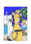  1boy 99akt1031 absurdres arm_around_neck black_footwear black_hair black_scarf cloud day gholdengo grimsley_(pokemon) highres japanese_clothes kimono looking_at_viewer male_focus open_mouth outdoors palm_tree pointy_hair pokemon pokemon_(creature) pokemon_sm sand scarf shoes shore sky smile standing tree water white_kimono 