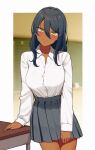 1girl :3 absurdres agamemega blue_hair blush breasts buttons collared_shirt commentary_request dark-skinned_female dark_skin hand_on_table highres long_sleeves looking_at_viewer medium_hair original shirt skirt solo thighs yellow_eyes 