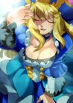  awilda_(p&amp;d) bad_id bad_pixiv_id blonde_hair blue_dress breasts cleavage closed_eyes collarbone dress feathers frills hat hat_feather large_breasts long_hair long_sleeves open_mouth pirate_hat puffy_long_sleeves puffy_sleeves puzzle_&amp;_dragons smile solo yamanashi_taiki 