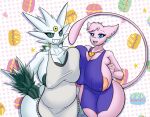  2020 5_fingers anthro apron apron_only areola areola_slip belly big_breasts blue_eyes breast_squish breasts clothing deadpliss digital_media_(artwork) duo eyebrows eyelashes female fingers generation_1_pokemon generation_6_pokemon gengar green_areola green_sclera hair hand_on_breast hand_on_hip hi_res huge_breasts jewelry latiar legendary_pokemon long_tail looking_at_viewer mega_evolution mega_gengar mew_(pokemon) necklace nintendo nipple_outline nipples pink_areola pink_body pink_hair pokemon pokemon_(species) pupils shiny_pokemon simple_background smile squish standing tail teeth theressa_(deadpliss) thick_thighs tongue vexa white_body white_sclera wide_hips 
