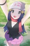  1girl :d absurdres arms_up beanie black_hair black_shirt dawn_(pokemon) day eyelashes grass grey_eyes hair_ornament hairclip happy hat highres long_hair looking_up open_mouth outdoors pokemon pokemon_dppt pton_uca09 red_scarf scarf shirt sidelocks skirt sleeveless sleeveless_shirt smile solo standing teeth upper_teeth_only 