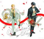  2boys absurdres black_eyes black_footwear black_hair blonde_hair blue_eyes bouquet closed_mouth facial_mark formal full_body hair_between_eyes highres holding holding_bouquet looking_at_another male_focus multiple_boys naruto naruto_(series) open_mouth petals short_hair spiked_hair standing suit taichu_xu uchiha_sasuke uzumaki_naruto whisker_markings 