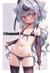  1girl ass_visible_through_thighs bikini bikini_pull black_bikini black_gloves black_thighhighs blush breasts clothes_pull elbow_gloves etogami_kazuya fingerless_gloves gloves grey_hair groin highres long_hair meika_mikoto multicolored_hair navel pulling_own_clothes red_eyes side-tie_bikini_bottom small_breasts solo stomach streaked_hair swimsuit thighhighs thighs vocaloid 