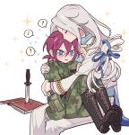  2boys ? @_@ bad_id bad_pixiv_id blue_eyes blush book boots camouflage camouflage_pants camouflage_shirt confused cowboy_shot cross-laced_footwear embarrassed ensemble_stars! flying_sweatdrops glasses gloves green_pants green_shirt grey_hair hair_between_eyes highres hug invisible_chair jacket knee_boots knife lace-up_boots long_hair long_sleeves male_focus meremero multiple_boys open_book open_mouth pants profile purple_hair ran_nagisa saegusa_ibara shirt shoe_soles short_hair simple_background sitting sitting_on_lap sitting_on_person smile sparkle white_background white_gloves white_jacket white_pants yaoi 