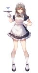  1girl absurdres alternate_costume apron bare_legs black_dress black_footwear cocktail_glass cup dress drinking_glass enmaided frilled_apron frills full_body gloves hand_up highres holding holding_tray honkai:_star_rail honkai_(series) kwkunai maid puffy_short_sleeves puffy_sleeves shoes short_sleeves simple_background socks solo standing stelle_(honkai:_star_rail) trailblazer_(honkai:_star_rail) tray white_apron white_background white_gloves white_socks 