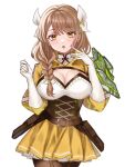  1girl braid braided_ponytail breasts brown_hair corset cosplay elbow_gloves fire_emblem fire_emblem_engage gloves goldmary_(fire_emblem) highres hooded_top large_breasts low_ponytail mole mole_on_breast ribbon single_shoulder_pad skirt white_gloves white_ribbon yellow_eyes yellow_skirt zqzbq 
