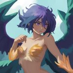  1girl breasts collarbone commentary feathered_wings feathers harpy looking_to_the_side monster_girl original photoshop_(medium) potameart purple_eyes purple_hair solo topless wings 