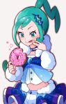  1girl :p arm_warmers arutarika_(ri_kaoekaki) blue_vest blush buttons closed_mouth collar commentary_request doughnut eyelashes food green_eyes green_hair hair_ornament hairclip highres holding holding_food lisia_(pokemon) looking_down overskirt pokemon pokemon_oras ponytail scarf shorts sidelocks solo sparkling_eyes star_(symbol) tongue tongue_out vest white_scarf white_shorts 