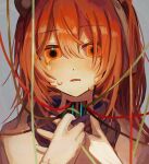  1girl a.i._voice adachi_rei android cable collar_tug crying crying_with_eyes_open grey_background hair_over_one_eye hashtag-only_commentary headlamp highres looking_at_viewer medium_hair orange_eyes orange_hair parted_lips portrait solo tears turtleneck utau xelan0m 