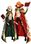  2boys asymmetrical_clothes asymmetrical_pants black_bridal_gauntlets black_pants blonde_hair book braid bridal_gauntlets cape clanne_(fire_emblem) clothing_cutout crop_top earrings fire_emblem fire_emblem_engage green_cape green_hair highres holding holding_book jewelry leg_cutout leggings meegon01 midriff mismatched_earrings multicolored_hair multiple_boys o-ring o-ring_legwear orange_hair pandreo_(fire_emblem) pants red_cape sage_outfit_(fire_emblem_engage) single_braid single_pantsleg single_thighhigh split-color_hair stomach_cutout thighhighs yellow_eyes 