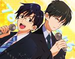  black_hair formal glasses idolmaster idolmaster_cinderella_girls male_focus microphone multiple_boys necktie open_mouth producer_(idolmaster_anime) producer_(idolmaster_cinderella_girls_anime) shirahata short_hair smile star suit yellow_eyes 