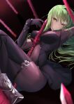  1girl absurdres arm_up black_background black_bodysuit blurry blush bodysuit breasts budgiepon c.c. code_geass commentary cosplay depth_of_field eyelashes fate/grand_order fate_(series) green_hair hair_between_eyes hair_spread_out hand_up highres holding holding_polearm holding_weapon long_hair looking_at_viewer looking_to_the_side medium_breasts nose parted_lips polearm purple_bodysuit scathach_(fate) scathach_(fate)_(cosplay) simple_background solo spear thighs very_long_hair weapon yellow_eyes 