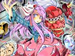  bow bubble_skirt fox_mask hannya hata_no_kokoro highres long_hair long_sleeves mask monkey_mask nmknf_(mkn) noh_mask oni_mask outstretched_arms pink_eyes pink_hair plaid plaid_shirt shirt skirt solo touhou 