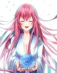  ^_^ ^o^ bad_id bad_pixiv_id blackmoon_(ypps6166) blue_nails blush breasts cleavage closed_eyes facing_viewer fingernails floating_hair flower holding holding_flower large_breasts long_hair megurine_luka nail_polish petals pink_hair smile solo very_long_hair vocaloid white_background 