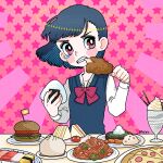  1girl baozi biting blue_hair blue_vest blush_stickers bow brown_eyes cherry_tomato chicken_(food) chicken_leg eyelashes food fujishima_moyu halo highres holding holding_food ice_cream long_sleeves onigiri original pasta pizza plate polka_dot polka_dot_bow sandwich school_uniform shirt short_hair spaghetti steak sushi tomato vest white_shirt 