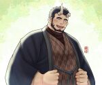  1boy ^_^ akatsuki_kyohsuke bara beard black_hair blush broken_horn closed_eyes demon_boy demon_horns facial_hair facing_viewer full_beard haori happy horns japanese_clothes kimono large_pectorals live_a_hero male_focus mature_male muscular muscular_male nessen_(live_a_hero) pectorals short_hair smile solo thick_eyebrows upper_body 