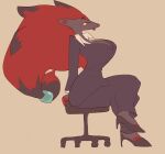  anthro big_breasts blue_eyes breasts canid canine chair claws clothed clothing female footwear fur furniture generation_5_pokemon grey_body grey_fur hair hi_res high_heels lazybracket long_hair mammal nintendo on_chair pokemon pokemon_(species) red_hair simple_background sitting sitting_on_chair solo suit zoroark 