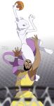  1boy arms_up ball basketball basketball_(object) basketball_hoop basketball_jersey basketball_uniform beard black_hair blurry crossover dark-skinned_male dark_skin depth_of_field facial_hair highres holding holding_ball jumping lebron_james los_angeles_lakers male_focus mewtwo national_basketball_association playing_sports pokemon pokemon_(creature) r3dfive short_hair slam_dunk_(basketball) sportswear v-shaped_eyebrows 