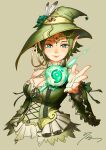  artist_name bow breasts brown_background choker commentary_request corset detached_sleeves elf fantasy flower frilled_choker frilled_shirt frilled_sleeves frills green_bow green_corset green_eyes green_hair green_hat green_nails hat hat_feather hat_flower highres jeweled_hat magatama magic magic:_the_gathering medium_breasts medium_hair original pink_lips pointy_ears shirt signature simple_background tiara tricorne unpopin 
