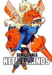  2014_fifa_world_cup absurdres blonde_hair daibajoujisan fang green_eyes helmet highres lance lion long_hair netherlands personification polearm shield weapon world_cup 