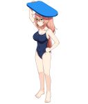  1girl artpatient bare_legs blue_eyes blue_one-piece_swimsuit breasts cleavage closed_mouth collarbone commentary full_body hair_between_eyes highres large_breasts long_hair michinoku_komaro one-piece_swimsuit pink_hair school_swimsuit seitokai_nimo_anawa_aru! solo standing swimsuit 