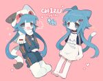  1girl :d animal_ears animal_hat barefoot blue_eyes blue_hair blue_pants blunt_bangs blush blush_stickers boots cat_ears cat_girl cat_hat cat_tail chibi_(chizunyanko) chizunyanko closed_mouth collar fang full_body hair_ornament hairclip hat heart highres jacket jumpsuit long_hair long_sleeves looking_at_viewer low_twintails multiple_views name_tag open_mouth original pants paw_shoes pink_background scarf shirt short_sleeves sidelocks simple_background smile sparkle tail twintails very_long_hair white_footwear white_scarf white_shirt 