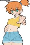  1girl blue_shorts cowboy_shot crop_top crop_top_overhang denim denim_shorts green_eyes hair_tie hand_on_own_hip high_ponytail highres misty_(pokemon) navel open_mouth orange_hair pantsu-ripper pokemon pokemon_(anime) pokemon_(classic_anime) ponytail short_shorts shorts smile solo tank_top v-shaped_eyebrows web_address yellow_tank_top 