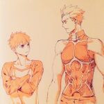  2boys archer_(fate) bad_id bad_pixiv_id closed_mouth crossed_arms dual_persona emiya_shirou fate/stay_night fate_(series) hair_slicked_back long_sleeves looking_at_another looking_to_the_side male_focus multiple_boys muscular pants red_hair shirt sleeveless taa_(acid) traditional_media v-shaped_eyebrows white_shirt 