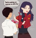  1boy 1girl arrow_(symbol) belt black_hair black_pants black_shirt blue_hair blush bouquet brown_pants collared_jacket collared_shirt cropped_jacket earrings flower flower_request flustered gorgonz0laaa happy_mother&#039;s_day highres ikari_shinji jacket jewelry katsuragi_misato long_hair long_sleeves mother&#039;s_day neon_genesis_evangelion one_eye_closed pants pink_flower popped_collar red_eyes red_flower red_jacket red_rose rose shirt shirt_tucked_in short_hair short_sleeves waving white_shirt 