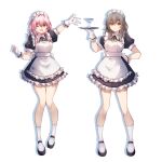  2girls ;d absurdres alternate_costume apron arm_up bare_legs black_dress black_footwear blue_eyes cocktail_glass cup dress drinking_glass enmaided frilled_apron frills full_body gloves hair_intakes hand_up highres holding holding_tray honkai:_star_rail honkai_(series) kwkunai looking_at_viewer maid maid_headdress march_7th_(honkai:_star_rail) medium_hair multiple_girls one_eye_closed open_mouth pink_hair puffy_short_sleeves puffy_sleeves purple_eyes shoes short_sleeves simple_background smile socks standing stelle_(honkai:_star_rail) trailblazer_(honkai:_star_rail) tray white_apron white_background white_gloves white_socks 