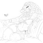  2024 4_fingers ammit ammit_(moon_knight) anthro armlet bandage big_breasts big_hair big_iris biped black_and_white bracelet braided_hair breasts chest_wraps claws clothed clothed_anthro clothed_female clothing crocodile crocodilian crocodylid deity digital_drawing_(artwork) digital_media_(artwork) egyptian egyptian_clothing egyptian_mythology eyelashes female finger_claws fingers hair hi_res iris jewelry leg_wraps long_hair looking_at_viewer lounging marvel marvel_cinematic_universe middle_eastern_mythology monochrome moon_knight_(series) mouth_closed mythology non-mammal_breasts panties pupils reptile retbriar scales scalie sharp_teeth signature snout solo teeth thick_thighs three-quarter_view underwear usekh wraps 