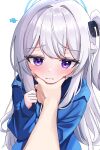  1girl 1other absurdres blue_archive blue_halo blue_hoodie blush braid closed_mouth drawing_flover halo highres hood hood_down hoodie long_hair looking_at_viewer meme miyako_(blue_archive) miyako_(young)_(blue_archive) one_side_up pov_cheek_grabbing_(meme) purple_eyes simple_background solo_focus upper_body white_background white_hair 