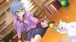  1girl 22/7 22/7_ongaku_no_jikan bakemonogatari ball black-framed_eyewear black_cat black_socks blue_eyes blue_hair braid cat cat_teaser closed_mouth cosplay dutch_angle game_cg green_ball hair_ornament hair_ribbon hanekawa_tsubasa hanekawa_tsubasa_(cosplay) highres holding indoors kneehighs lens_flare light_blue_hair long_sleeves looking_at_animal maruyama_akane monogatari_(series) naoetsu_high_school_uniform non-web_source official_art on_floor paw_print pink_shirt pleated_skirt puffy_sleeves purple_ribbon purple_skirt rectangular_eyewear ribbon school_uniform semi-rimless_eyewear shirt single_braid sitting skirt socks solo sparkle sweatdrop under-rim_eyewear wariza white_cat window wooden_floor 