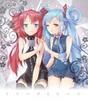  bdsm bemani blue_eyes blue_hair blush bondage bound chain collar drill_hair garter_straps holding_hands linked_collar looking_at_viewer multiple_girls red_eyes red_hair ripe.c smile thighhighs twin_drills twintails yuri zettai_ryouiki 