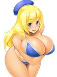  atago_(kantai_collection) bikini blonde_hair blue_bikini breasts cameltoe cleavage covered_navel curvy green_eyes hat huge_breasts kantai_collection kawanuma_uotsuri long_hair looking_at_viewer smile solo swimsuit wide_hips 