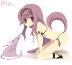  1girl arm_ribbon barefoot bikini blush broken broken_chain chain chain_leash colored_lineart dragon expressionless from_side full_body hair_flaps hair_ribbon kneeling leaning_forward leash leg_ribbon long_hair looking_at_viewer original purple_eyes purple_hair ribbon side-tie_bikini_bottom simple_background solo swimsuit tail very_long_hair white_background yuzuki_gao 