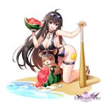  1girl artist_request baseball_bat bikini black_hair breasts choker eyewear_on_head food fruit iris_yuma large_breasts long_hair non-web_source official_style open_mouth red_eyes smile soulworker source_request sunglasses swimsuit watermelon 