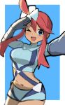  1girl ;d blue_background blue_eyes blurry border commentary_request cropped_jacket eyelashes gloves hair_ornament happy highres jacket looking_at_viewer midriff navel one_eye_closed one_side_up open_mouth peppedayo_ne pink_hair pokemon pokemon_bw shorts sidelocks skyla_(pokemon) smile solo teeth upper_teeth_only white_border 