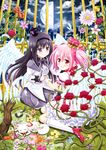  akemi_homura birdcage black_hair cage crown feathered_wings flower holding_hands kaname_madoka kyubey long_hair looking_at_viewer magical_girl mahou_shoujo_madoka_magica mini_crown multiple_girls nichika_(nitikapo) pink_eyes pink_hair purple_eyes rose sitting twintails wariza white_wings wings 