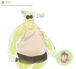  2boys =_= alternate_skin_color bara big_belly colored_skin doug_(monster_prom) fanning_face fat fat_man green_skin handheld_electric_fan highres hot male_focus manboobs monster_boy monster_prom multiple_boys nifast_(greentail) obese object_through_head scott_howl see-through short_shorts shorts slime_boy solo_focus sweat sword_in_head tank_top tareme very_sweaty white_tank_top 