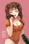  :d ^_^ awa_(12687414) bangs blush breasts brown_hair character_name cleavage closed_eyes collarbone cowboy_shot dated diane_(nanatsu_no_taizai) elbow_gloves gloves happy happy_birthday head_wreath heart large_breasts leotard nanatsu_no_taizai open_mouth orange_leotard pink_background playing_with_own_hair puffy_short_sleeves puffy_sleeves short_sleeves short_twintails simple_background single_glove smile solo twintails wreath 