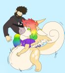  anthro anthro_pred belly big_belly clothed clothing curled_tail digital_media_(artwork) dragon duo female fluffy fluffy_hair green_eyes hair hi_res hoodie human human_prey kitty_dragon larger_prey linda_(alphalinda) male mammal multicolored_body multicolored_hair mythological_creature mythological_scalie mythology navel oral_vore pantsless rainbow_hair scalie sentinelwinder simple_background smaller_pred swallowing tail tail_motion tailwag topwear two_tone_body unwilling_prey vore willing_pred 