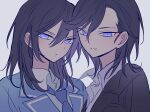  2boys bad_id bad_pixiv_id black_hair black_jacket blue_eyes blue_jacket blue_necktie closed_mouth collared_shirt ensemble_stars! hair_between_eyes hidaka_seiya jacket kurone_hitsugi long_hair looking_at_viewer male_focus meremero multiple_boys multiple_girls necktie open_mouth school_uniform shirt short_hair upper_body white_background white_shirt yumenosaki_school_uniform 