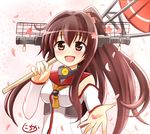  :d blush brown_eyes brown_hair cherry_blossoms detached_sleeves headgear holding kantai_collection long_hair looking_at_viewer nichika_(nitikapo) open_mouth oriental_umbrella petals ponytail reaching smile solo umbrella yamato_(kantai_collection) 