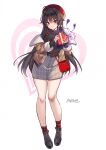  1girl ahoge bag beret black_footwear black_hair blush breasts check full_body gift hat highres holding holding_gift iris_yuma jacket long_hair looking_at_viewer maett non-web_source red_eyes shirt skirt soulworker source_request 