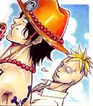 black_hair blonde_hair eating facial_hair food freckles goatee hat jolly_roger lowres male_focus marco multiple_boys necklace one_piece portgas_d_ace stampede_string tattoo whitebeard_pirates 