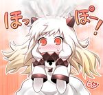  ahoge blush covered_mouth dress horns kantai_collection long_hair looking_at_viewer mittens nichika_(nitikapo) northern_ocean_hime red_eyes shinkaisei-kan silver_hair solo sweat translated white_dress white_skin 