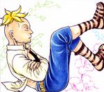  1boy abstract_background blonde_hair capri_pants crossed_arms lowres male_focus marco one_piece open_shirt pants sandals shirt sitting tattoo white_background whitebeard_pirates 