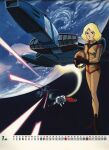  1970s_(style) 1980s_(style) 1girl artist_request beam_rifle blonde_hair calendar_(medium) core_fighter earth_(planet) earth_federation energy_beam energy_gun firing gloves gundam hangar helmet highres key_visual looking_at_viewer mecha military_uniform mobile_suit mobile_suit_gundam official_art open_hatch pilot_suit planet promotional_art retro_artstyle robot rx-78-2 sayla_mass scan science_fiction shield space spacecraft spacesuit starfighter thrusters traditional_media uniform unworn_headwear unworn_helmet v-fin vernier_thrusters weapon white_base 